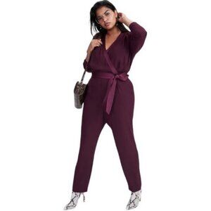 Eliza J Women's Surplice Faux Wrap Jumpsuit Size 22W Burgundy Long Sleeve Pocket